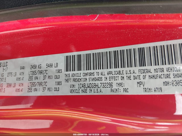 45899789 :رقم المزاد ، 1C4BJWDG9HL732296 vin ، 2017 Jeep Wrangler Unlimited Sport مزاد بيع
