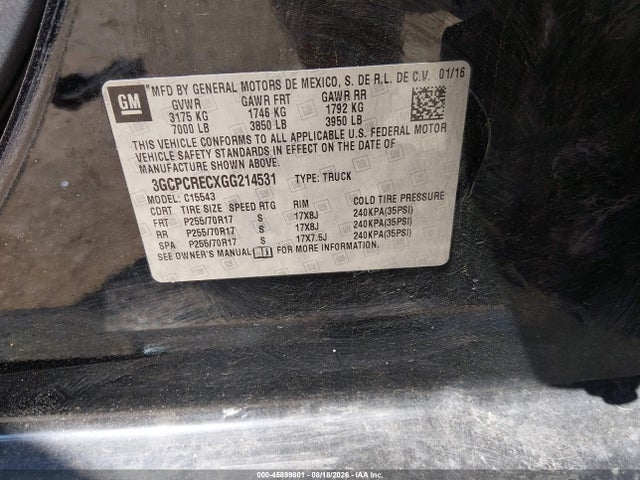 45899801 :رقم المزاد ، 3GCPCRECXGG214531 vin ، 2016 Chevrolet Silverado 1500 Lt مزاد بيع