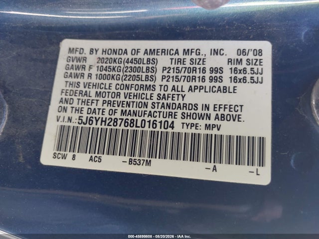 Auction sale of the 2008 Honda Element Ex, vin: 5J6YH28768L016104, lot number: 45899808