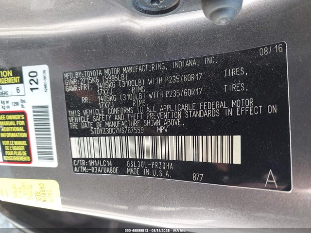 5TDYZ3DC7HS767559 Toyota Sienna Xle 8 Passenger