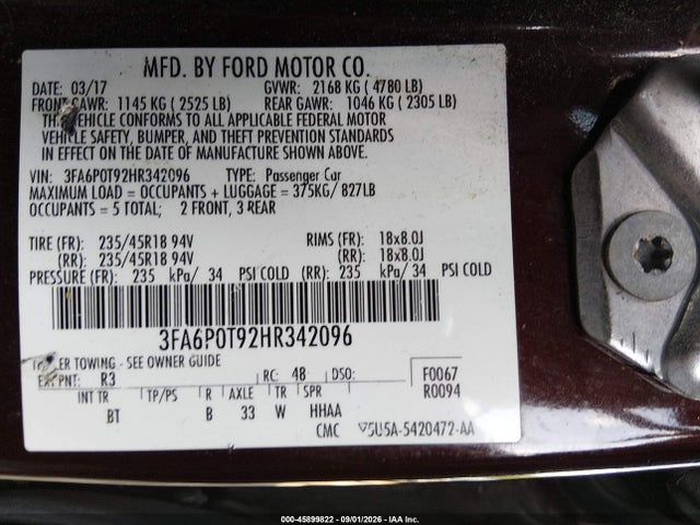 45899822 :رقم المزاد ، 3FA6P0T92HR342096 vin ، 2017 Ford Fusion Se مزاد بيع