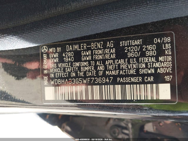 45899830 :رقم المزاد ، WDBHA33G5WF736947 vin ، 1998 Mercedes-benz C 43 مزاد بيع