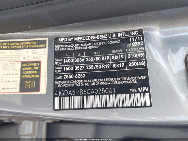 Продаж на аукціоні авто 2012 Mercedes-benz Ml 350 4matic, vin: 4JGDA5HB6CA025061, номер лоту: 45899832