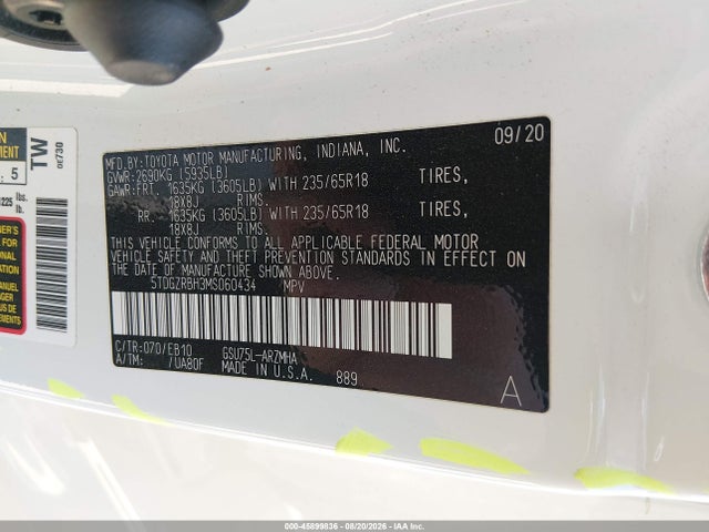 2021 Toyota Highlander Xle მანქანა იყიდება აუქციონზე, vin: 5TDGZRBH3MS060434, აუქციონის ნომერი: 45899836