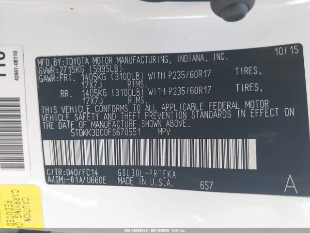 5TDKK3DC0FS670551 Toyota Sienna Le 8 Passenger