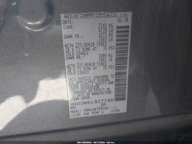 45899858 :رقم المزاد ، 5N1AT2MV8JC827740 vin ، 2018 Nissan Rogue Sl مزاد بيع