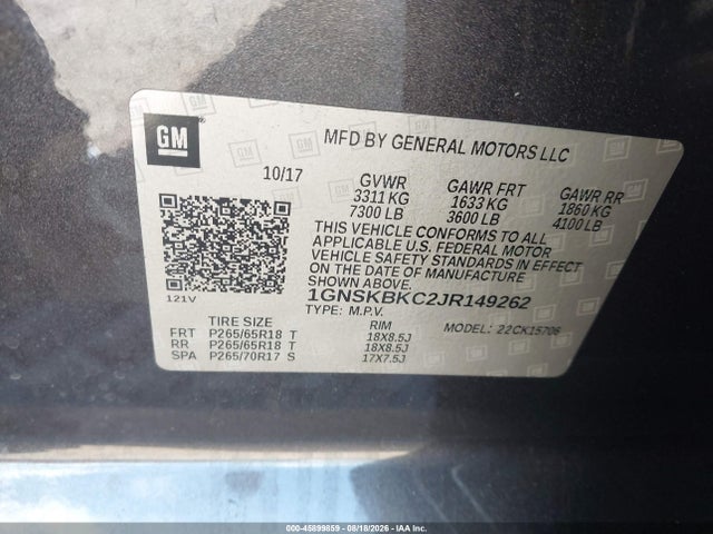 45899859 :رقم المزاد ، 1GNSKBKC2JR149262 vin ، 2018 Chevrolet Tahoe Lt مزاد بيع
