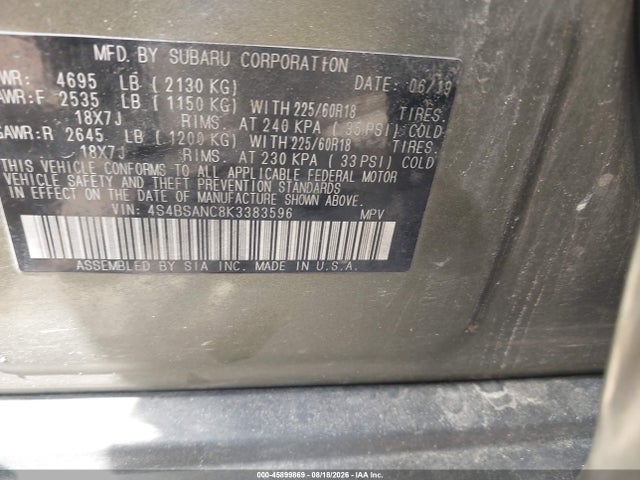 45899869 :رقم المزاد ، 4S4BSANC8K3383596 vin ، 2019 Subaru Outback 2.5i Limited مزاد بيع