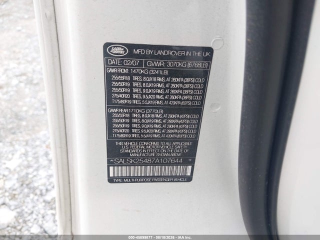 2007 Land Rover Range Rover Sport Hse მანქანა იყიდება აუქციონზე, vin: SALSK25487A107644, აუქციონის ნომერი: 45899877