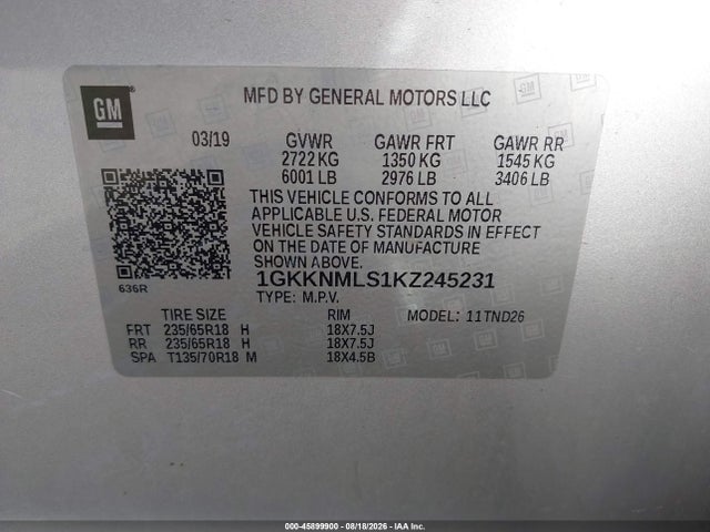 Aukcja sprzedaży 2019 Gmc Acadia Slt-1, vin: 1GKKNMLS1KZ245231, numer aukcji: 45899900