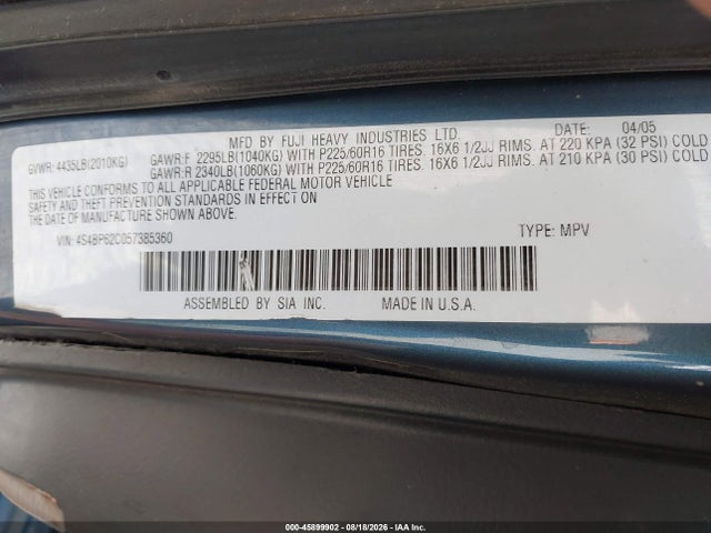 Продаж на аукціоні авто 2005 Subaru Outback 2.5i Limited, vin: 4S4BP62C057385360, номер лоту: 45899902
