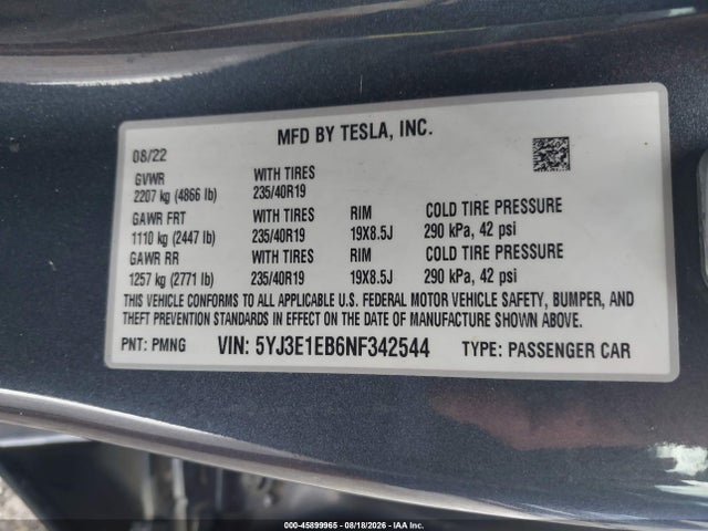 Продажа на аукционе авто 2022 Tesla Model 3 Long Range Dual Motor All-wheel Drive, vin: 5YJ3E1EB6NF342544, номер лота: 45899965
