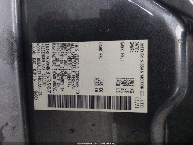 Aukcja sprzedaży 2021 Nissan Altima Sr Fwd, vin: 1N4BL4CVXMN353567, numer aukcji: 45899969