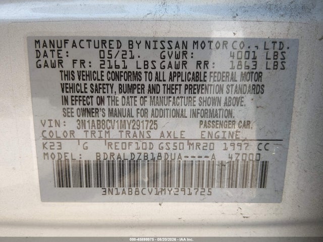 Продаж на аукціоні авто 2021 Nissan Sentra Sv Xtronic Cvt, vin: 3N1AB8CV1MY291725, номер лоту: 45899975