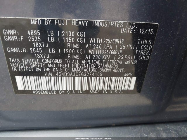 Subaru Outback 2.5i Limited 2016 4S4BSAJC7G3274169 Image 9