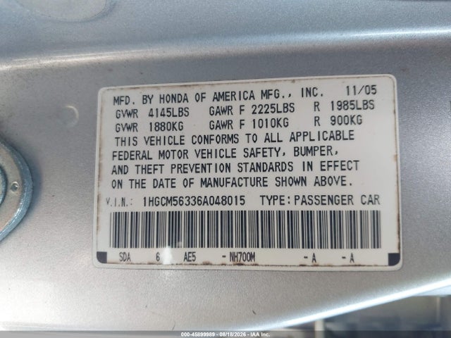Aukcja sprzedaży 2006 Honda Accord 2.4 Se, vin: 1HGCM56336A048015, numer aukcji: 45899989