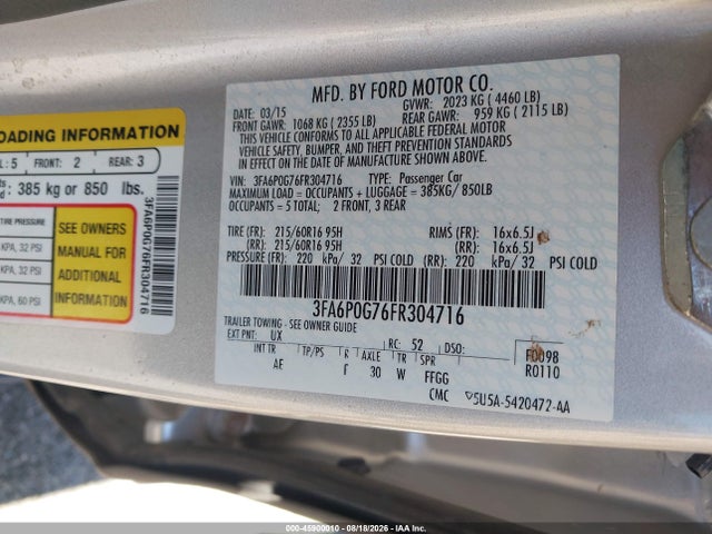 2015 Ford Fusion S მანქანა იყიდება აუქციონზე, vin: 3FA6P0G76FR304716, აუქციონის ნომერი: 45900010