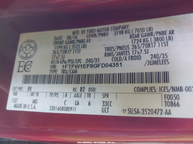 1FTFW1EF9GFD04351 Ford F-150 Xlt