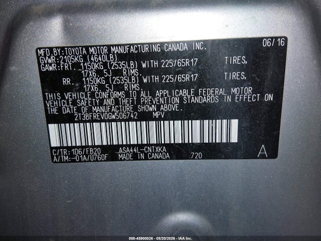 2T3BFREV0GW506742 Toyota RAV4 LE