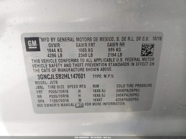 Продажа на аукционе авто 2017 Chevrolet Trax Lt, vin: 3GNCJLSB2HL147601, номер лота: 45900029