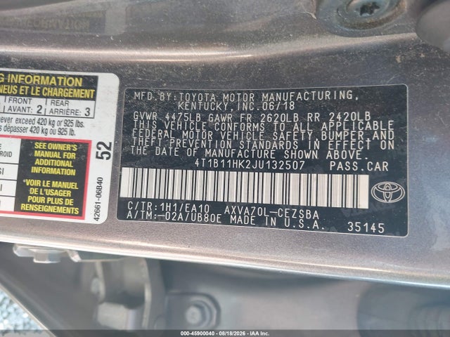 Продаж на аукціоні авто 2018 Toyota Camry Se, vin: 4T1B11HK2JU132507, номер лоту: 45900040