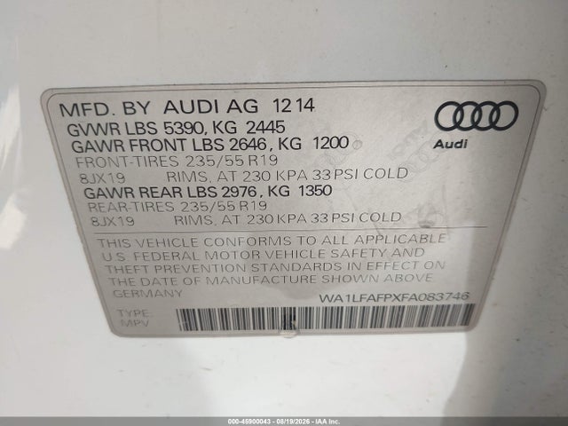 Продаж на аукціоні авто 2015 Audi Q5 2.0t Premium, vin: WA1LFAFPXFA083746, номер лоту: 45900043