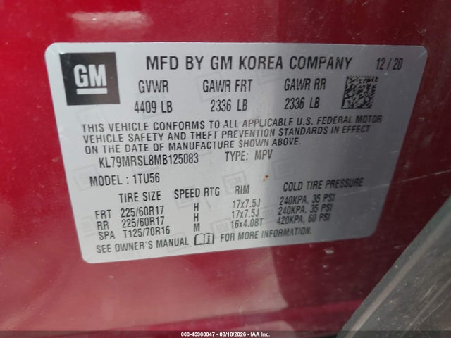 45900047 :رقم المزاد ، KL79MRSL8MB125083 vin ، 2021 Chevrolet Trailblazer Awd Lt مزاد بيع