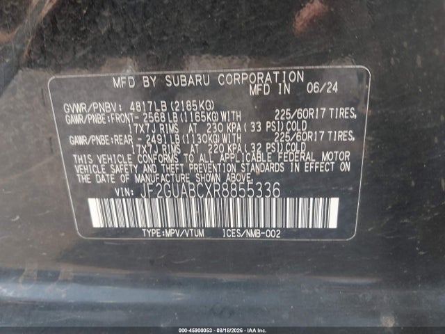 Aukcja sprzedaży 2024 Subaru Crosstrek, vin: JF2GUABCXR8855336, numer aukcji: 45900053