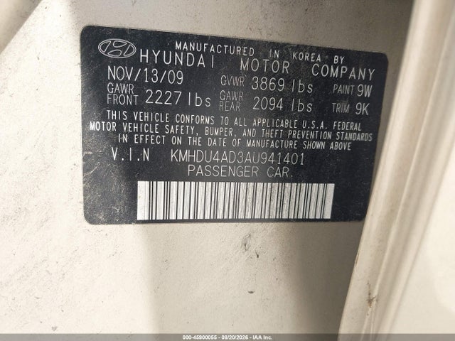 Aukcja sprzedaży 2010 Hyundai Elantra Gls, vin: KMHDU4AD3AU941401, numer aukcji: 45900055