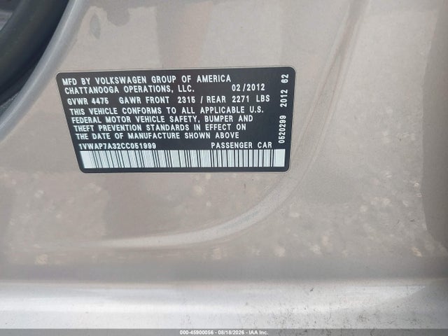 2012 Volkswagen Passat 2.5l S მანქანა იყიდება აუქციონზე, vin: 1VWAP7A32CC051999, აუქციონის ნომერი: 45900056