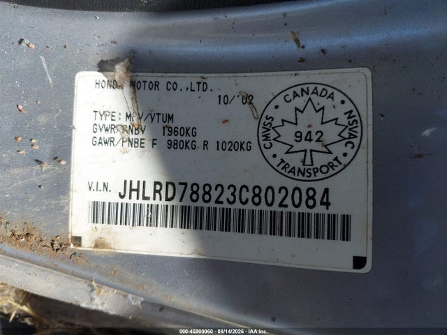 45900060 :رقم المزاد ، JHLRD78823C802084 vin ، 2003 Honda Cr-v Ex مزاد بيع