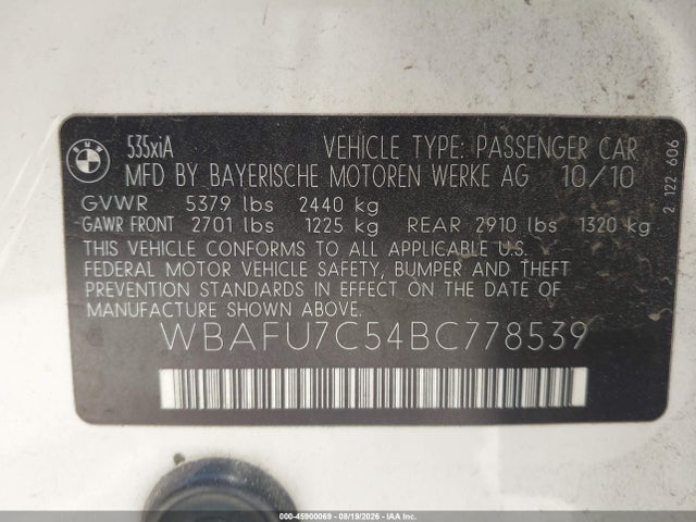 45900069 :رقم المزاد ، WBAFU7C54BC778539 vin ، 2011 Bmw 535i Xdrive مزاد بيع