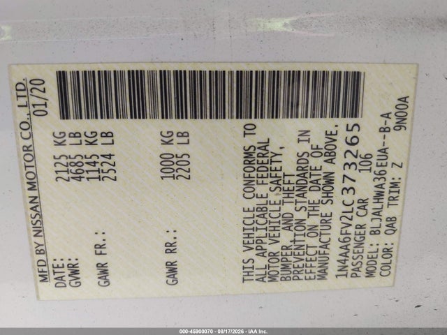 45900070 :رقم المزاد ، 1N4AA6FV2LC373265 vin ، 2020 Nissan Maxima Platinum Xtronic Cvt مزاد بيع