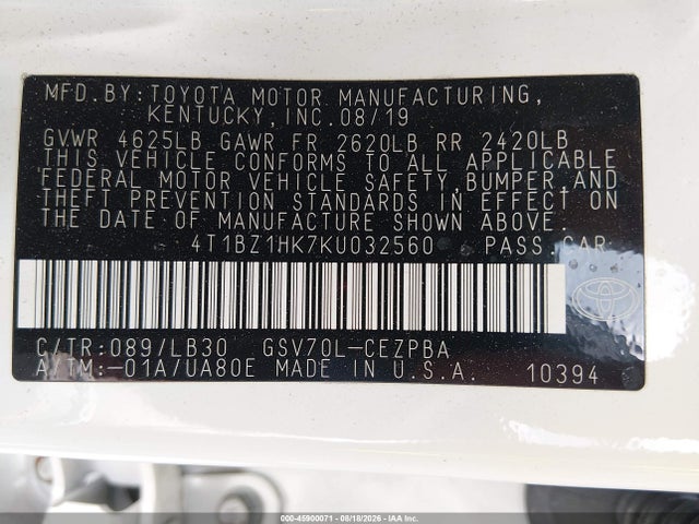4T1BZ1HK7KU032560 Toyota Camry Xse V6