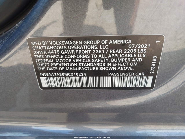 Продажа на аукционе авто 2021 Volkswagen Passat 2.0t S, vin: 1VWAA7A36MC016224, номер лота: 45900077