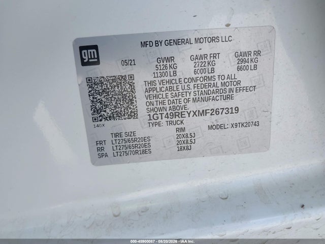 Продаж на аукціоні авто 2021 Gmc Sierra 2500hd, vin: 1GT49REYXMF267319, номер лоту: 45900087