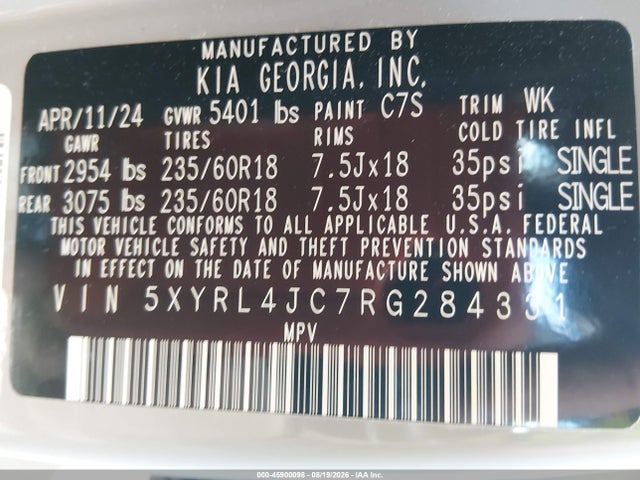 Aukcja sprzedaży 2024 Kia Sorento S, vin: 5XYRL4JC7RG284331, numer aukcji: 45900098