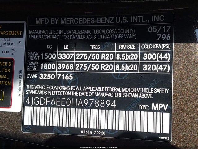 45900109 :رقم المزاد ، 4JGDF6EE0HA978894 vin ، 2017 Mercedes-benz Gls 450 4matic مزاد بيع