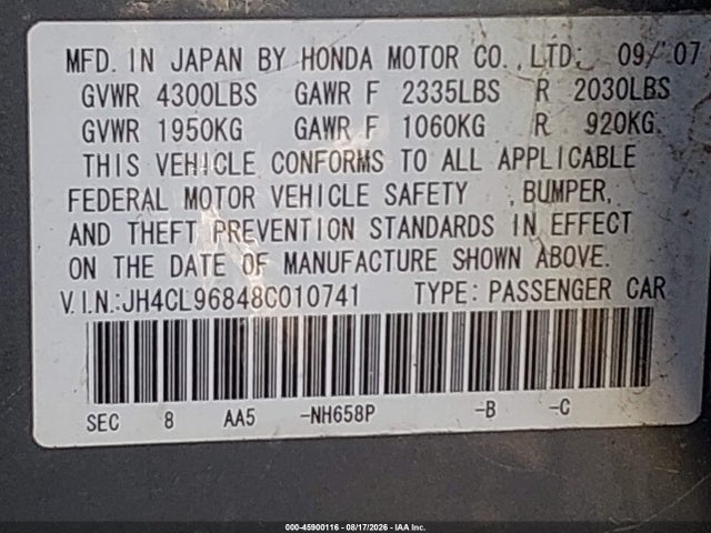 Auction sale of the 2008 Acura Tsx, vin: JH4CL96848C010741, lot number: 45900116