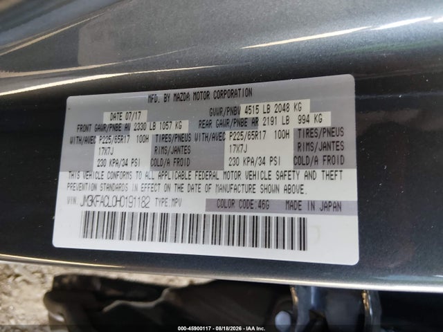 2017 Mazda Cx-5 Touring მანქანა იყიდება აუქციონზე, vin: JM3KFACL0H0191182, აუქციონის ნომერი: 45900117