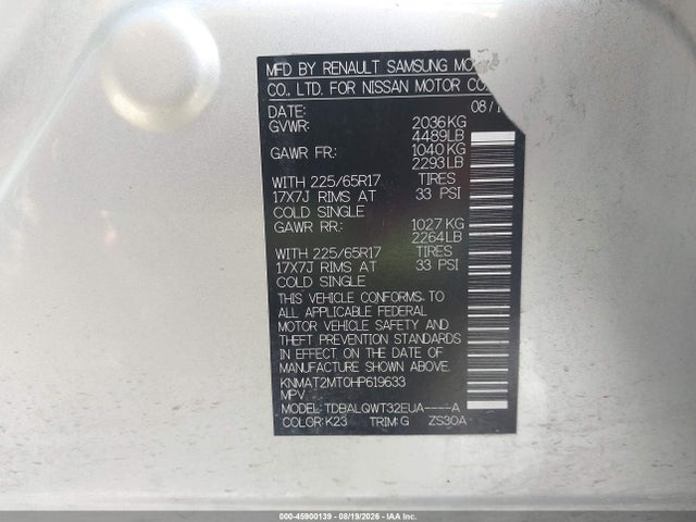 Продаж на аукціоні авто 2017 Nissan Rogue Sv, vin: KNMAT2MT0HP619633, номер лоту: 45900139