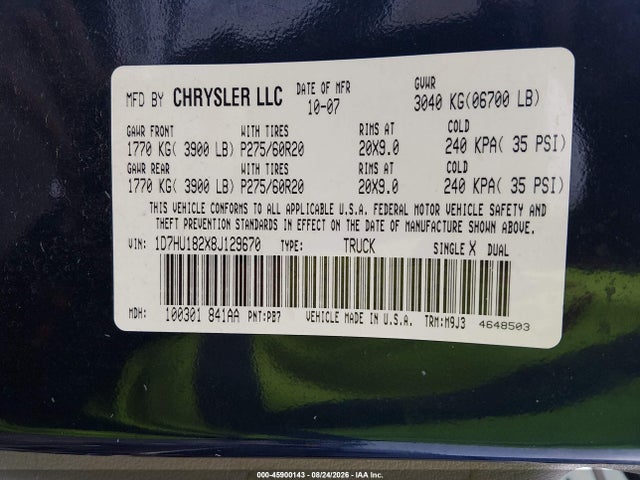 2008 Dodge Ram 1500 Slt მანქანა იყიდება აუქციონზე, vin: 1D7HU182X8J129670, აუქციონის ნომერი: 45900143