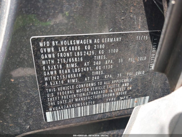 Продаж на аукціоні авто 2016 Volkswagen Tiguan S, vin: WVGAV7AXXGW556216, номер лоту: 45900149