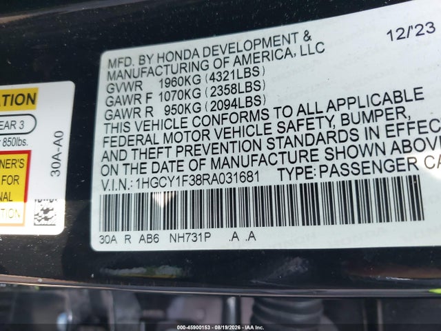 2024 Honda Accord Ex მანქანა იყიდება აუქციონზე, vin: 1HGCY1F38RA031681, აუქციონის ნომერი: 45900153