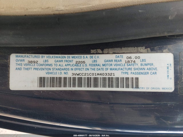 2001 Volkswagen New Beetle Gls 1.8l Turbo მანქანა იყიდება აუქციონზე, vin: 3VWCC21C01M403321, აუქციონის ნომერი: 45900177