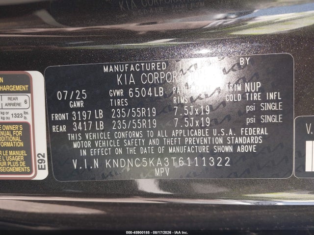 Продаж на аукціоні авто 2026 Kia Carnival Mpv Hybrid Ex, vin: KNDNC5KA3T6111322, номер лоту: 45900185