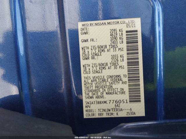 45900187 :رقم المزاد ، 5N1AT3BBXMC776051 vin ، 2021 Nissan Rogue Sv Intelligent Awd مزاد بيع