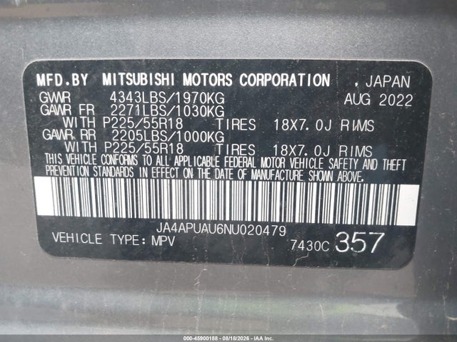 Aukcja sprzedaży 2022 Mitsubishi Outlander Sport 2.0 Be 2wd/2.0 Es 2wd/2.0 Le 2wd/2.0 S 2wd, vin: JA4APUAU6NU020479, numer aukcji: 45900188