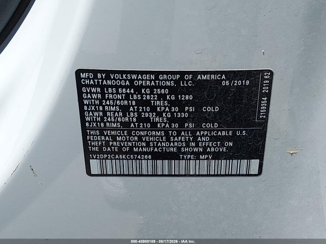 Продажа на аукционе авто 2019 Volkswagen Atlas 2.0t Se, vin: 1V2DP2CA5KC574266, номер лота: 45900189
