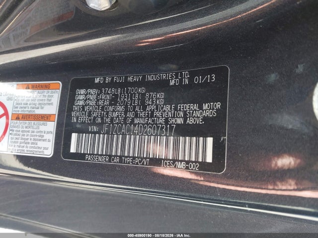 2013 Subaru Brz Limited მანქანა იყიდება აუქციონზე, vin: JF1ZCAC14D2607317, აუქციონის ნომერი: 45900190